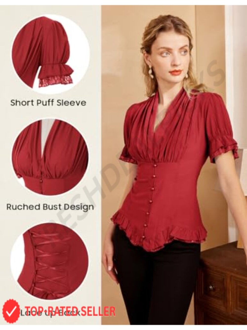 Victorian Short Sleeve Blouse Button Down Work Top Ruffled - Picture 4 of 6